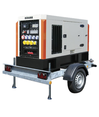 Hire generator, mounded onto a road trailer, making it easy to manoeuvre from site to site.