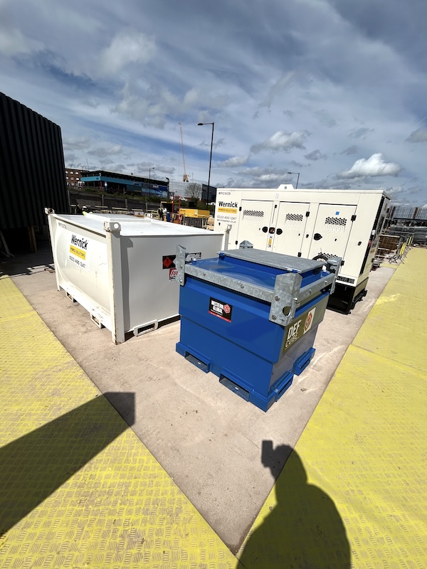 Construction site generator hire with diesel bulk tank and AdBlue tank by Target Hire for reliable power supply